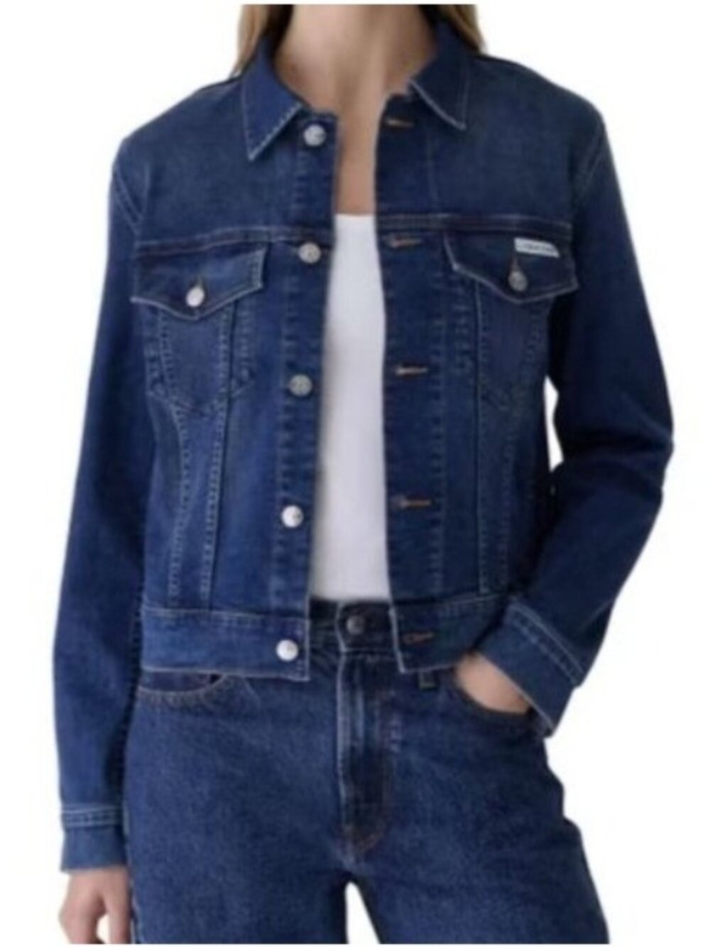 NWT Calvin Klein Women's XS Classic Trucker Jean Jacket Blue Stretched
